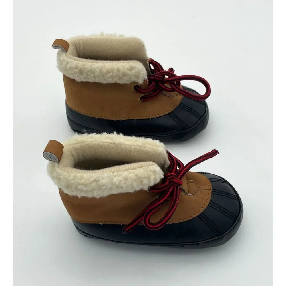 Carters Baby Boy Duck Boots Fleece-Lined Soft Crib Shoes Brown & Black 9-12 Mos - Picture 2 of 6